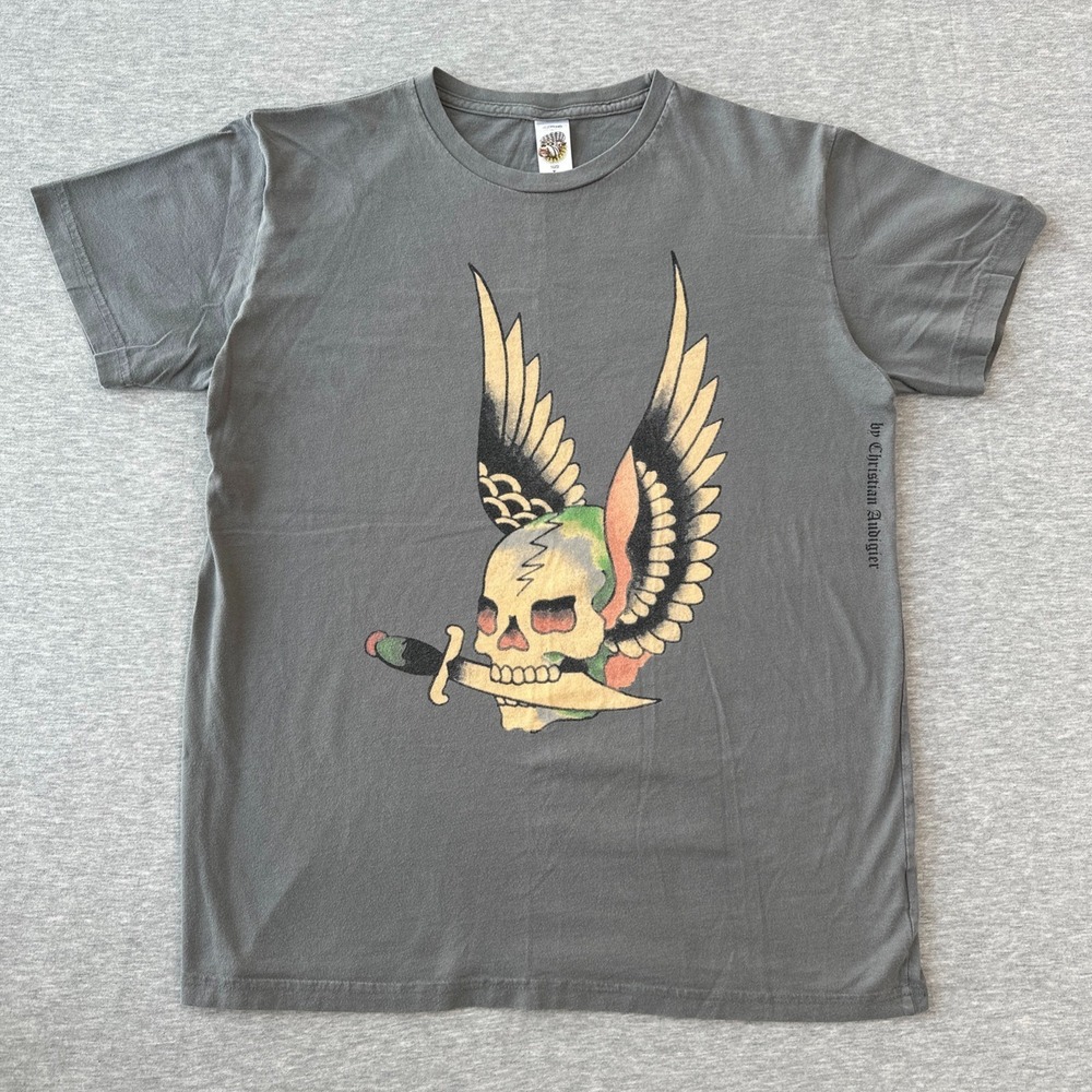 Ed Hardy Christian Audigier Men's Size L T-Shirt Grey Flying Skull Dagger - Picture 1 of 14